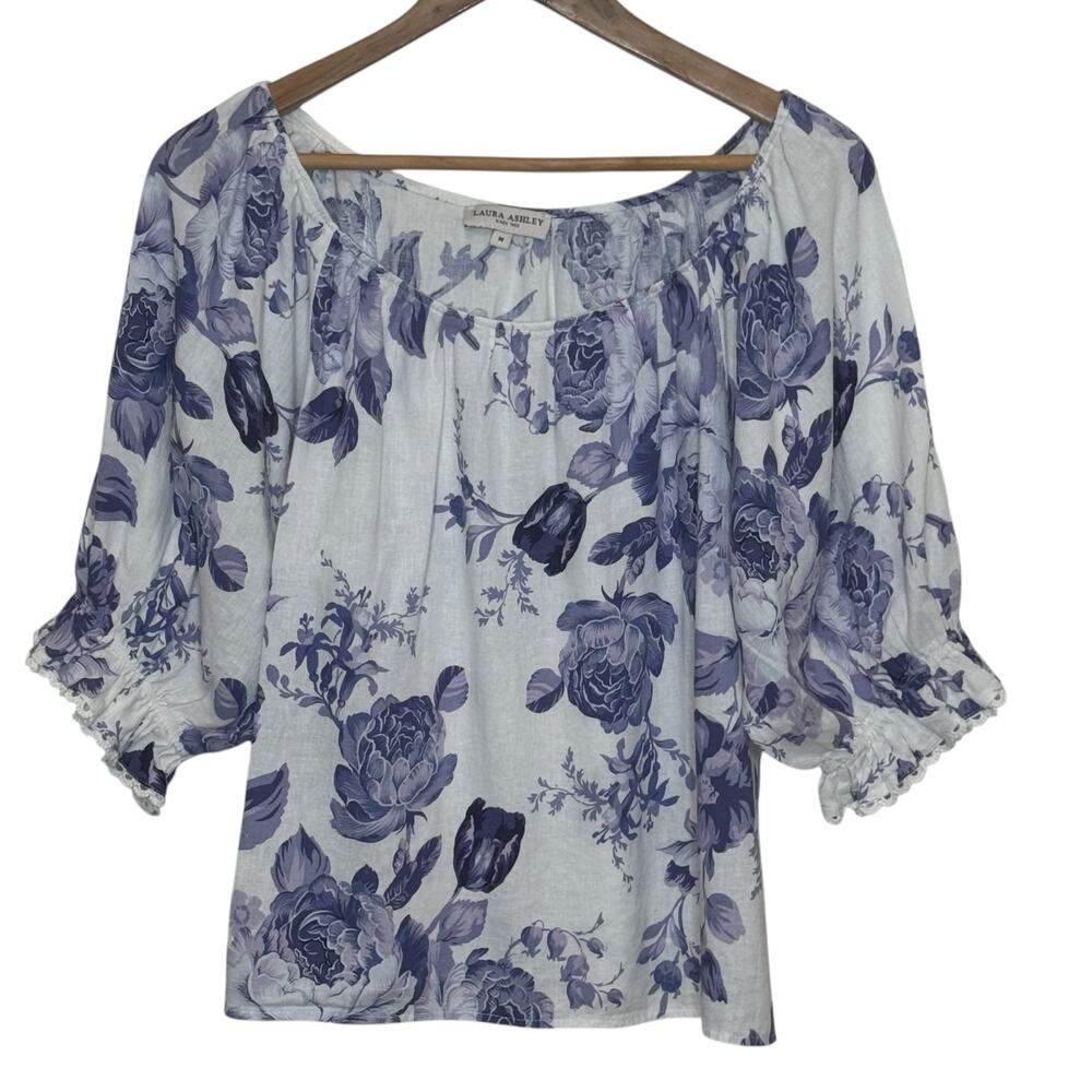 Laura Ashley Blue Floral Print Linen Blend Pouf Romantic Cottagecore Blouse